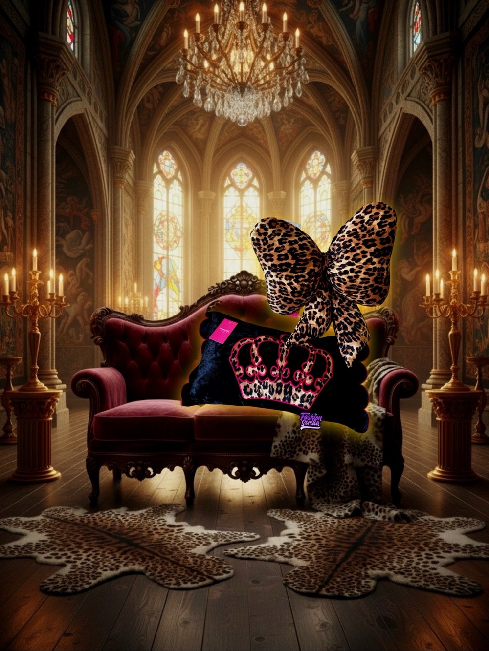 Juicy Couture Large Velvet Leopard Goth Crown & Matching Bow Pillow 2 Bundle Set